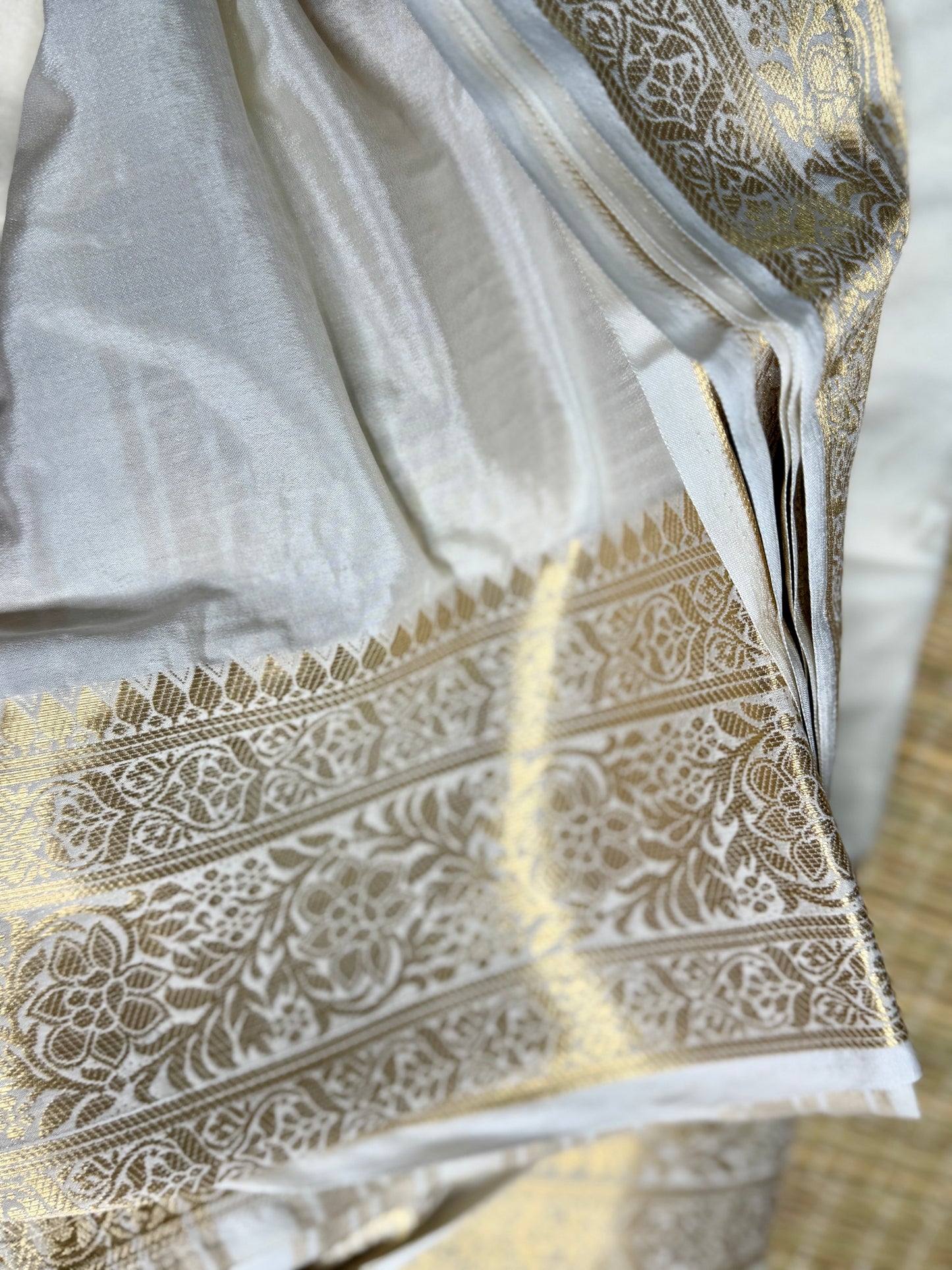 White Mysore Silk Crepe Saree with Intricate Thread Embroidery