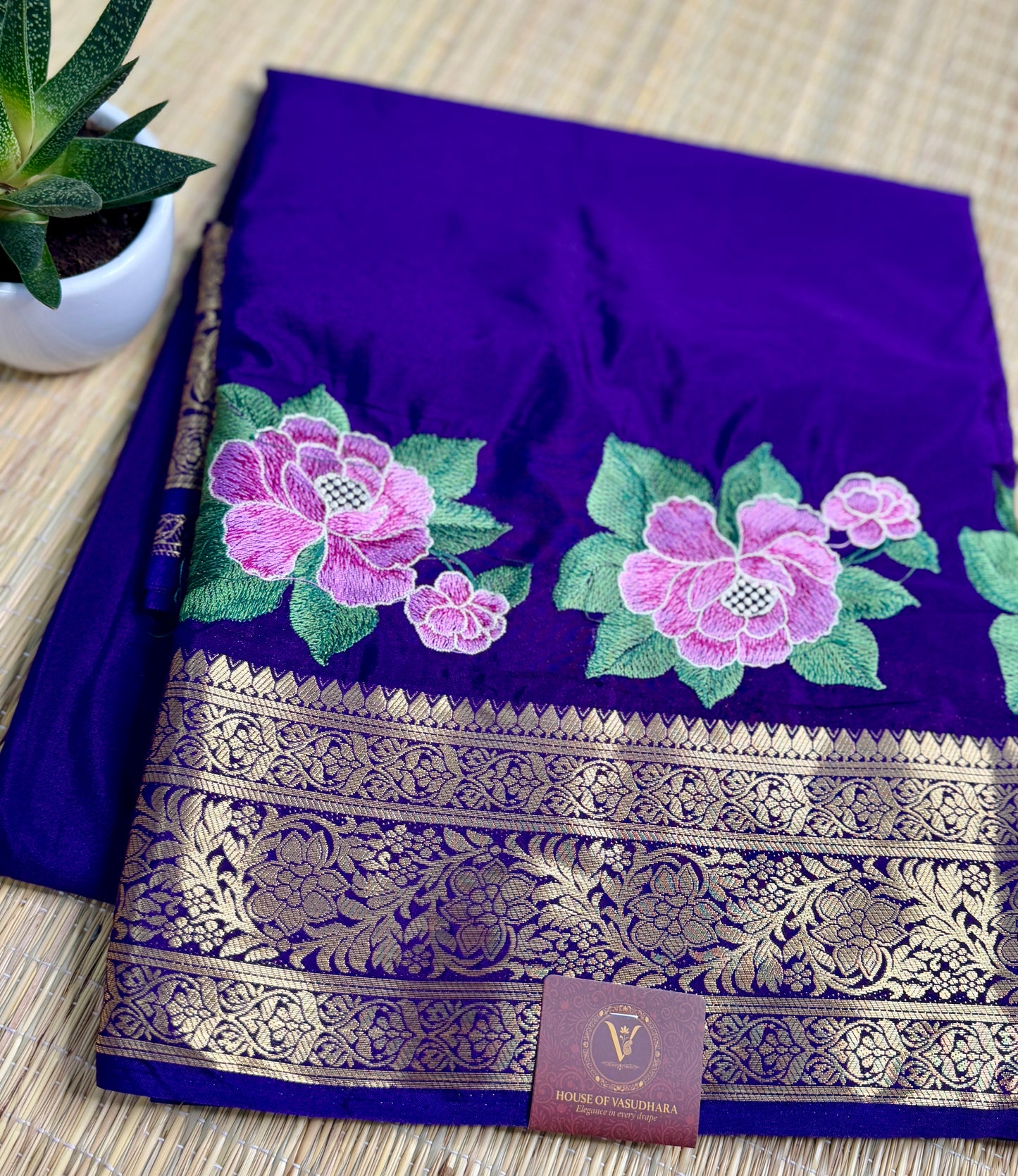 Navy Blue Self color Mysore Silk Crepe Saree with Intricate Thread Embroidery