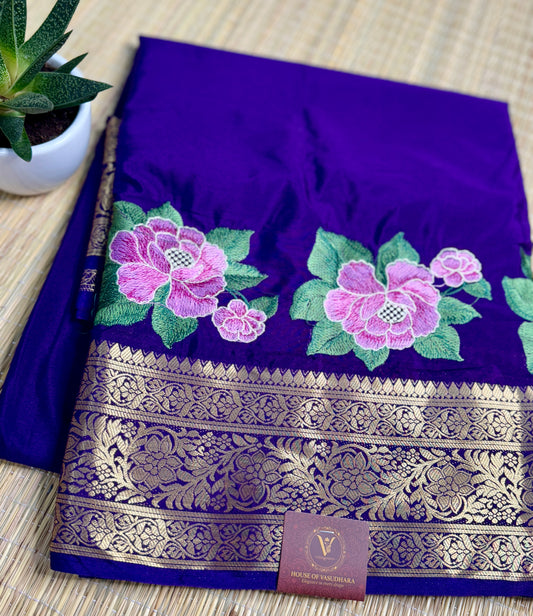 Navy Blue Self color Mysore Silk Crepe Saree with Intricate Thread Embroidery