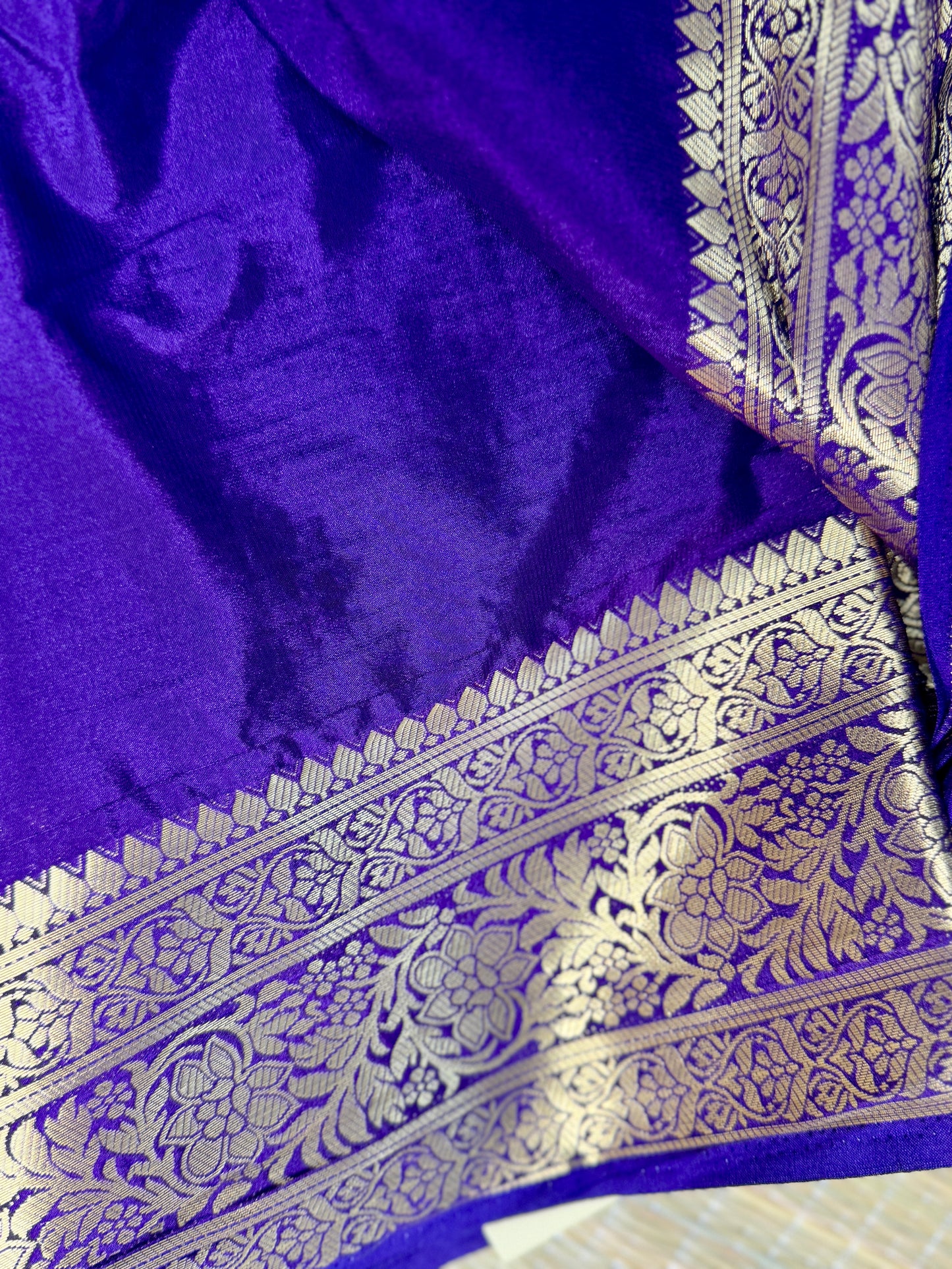 Navy Blue Self color Mysore Silk Crepe Saree with Intricate Thread Embroidery