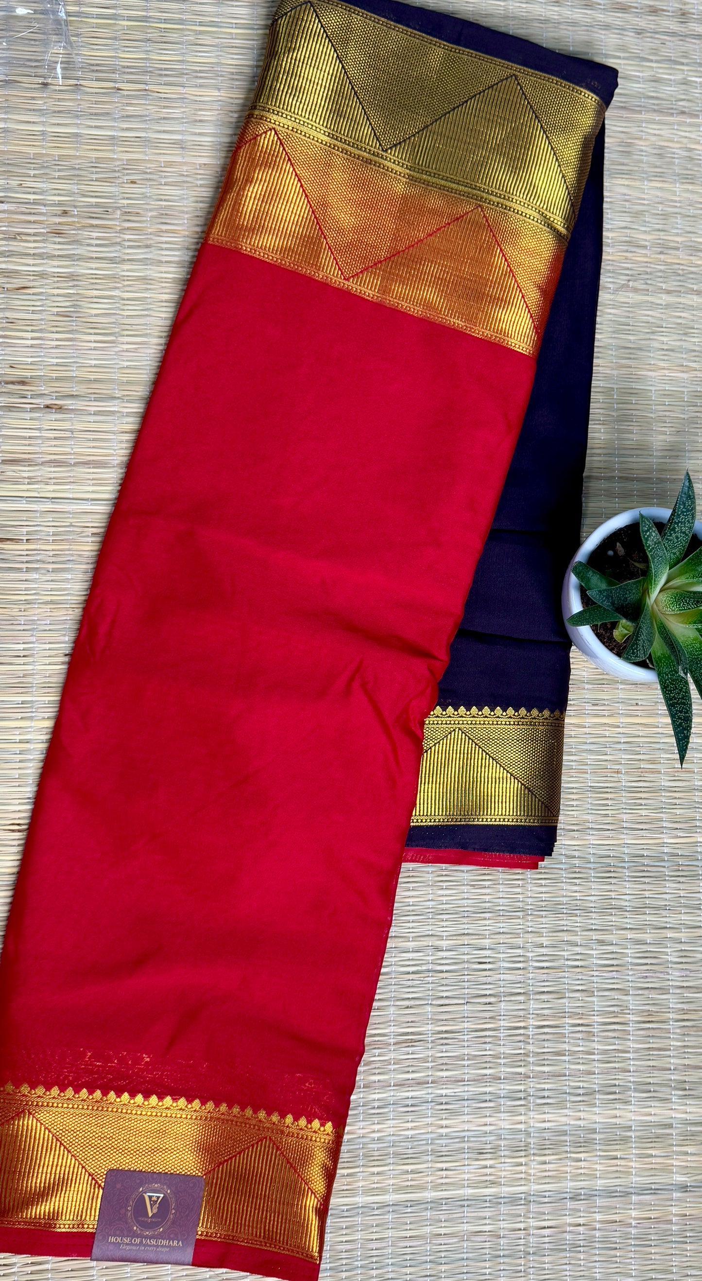 Red & Black Half-and-Half Mysore Silk Crepe Crepe Saree