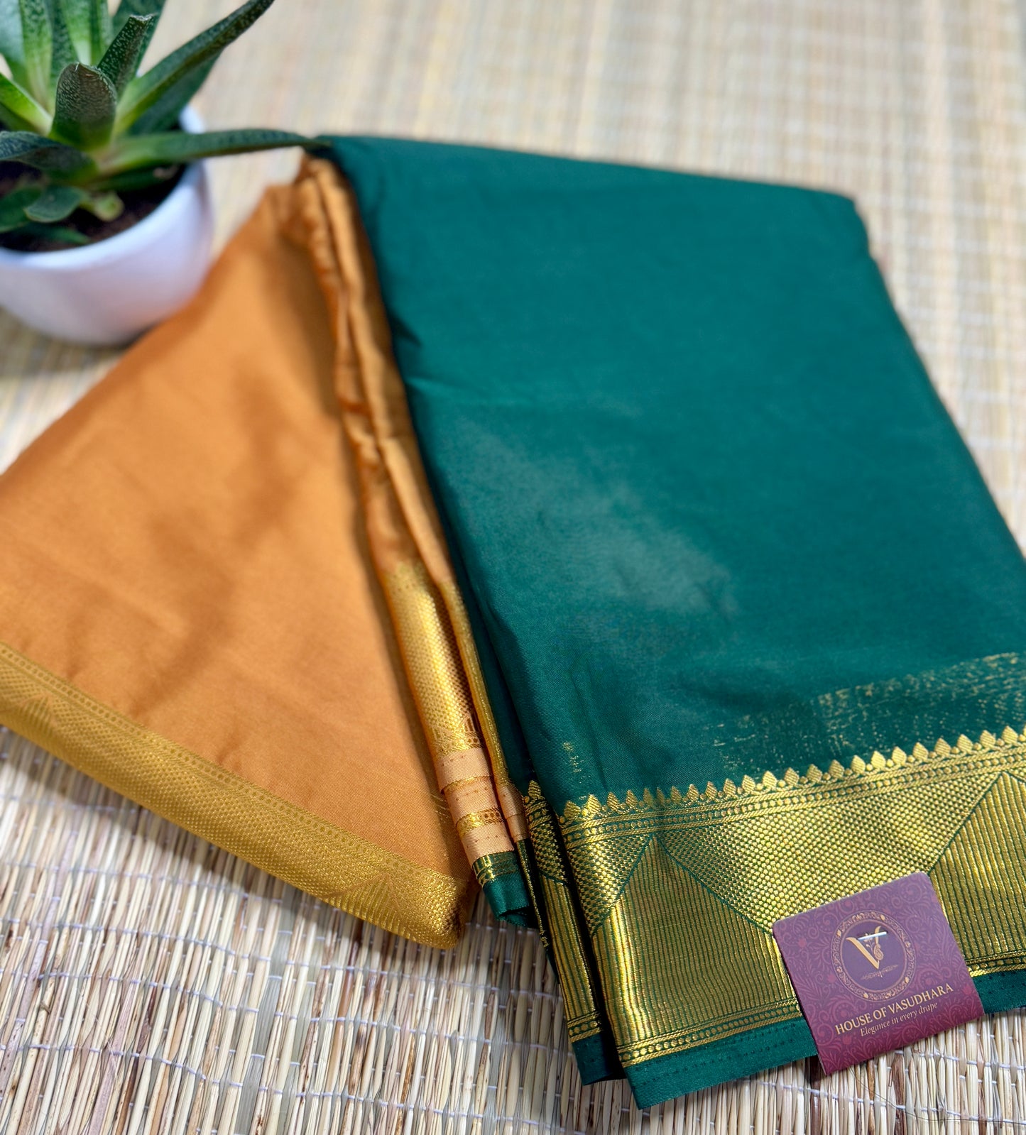 Green & Gold Half-and-Half Mysore Silk Crepe Crepe Saree