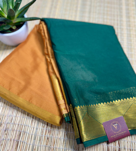Green & Gold Half-and-Half Mysore Silk Crepe Crepe Saree