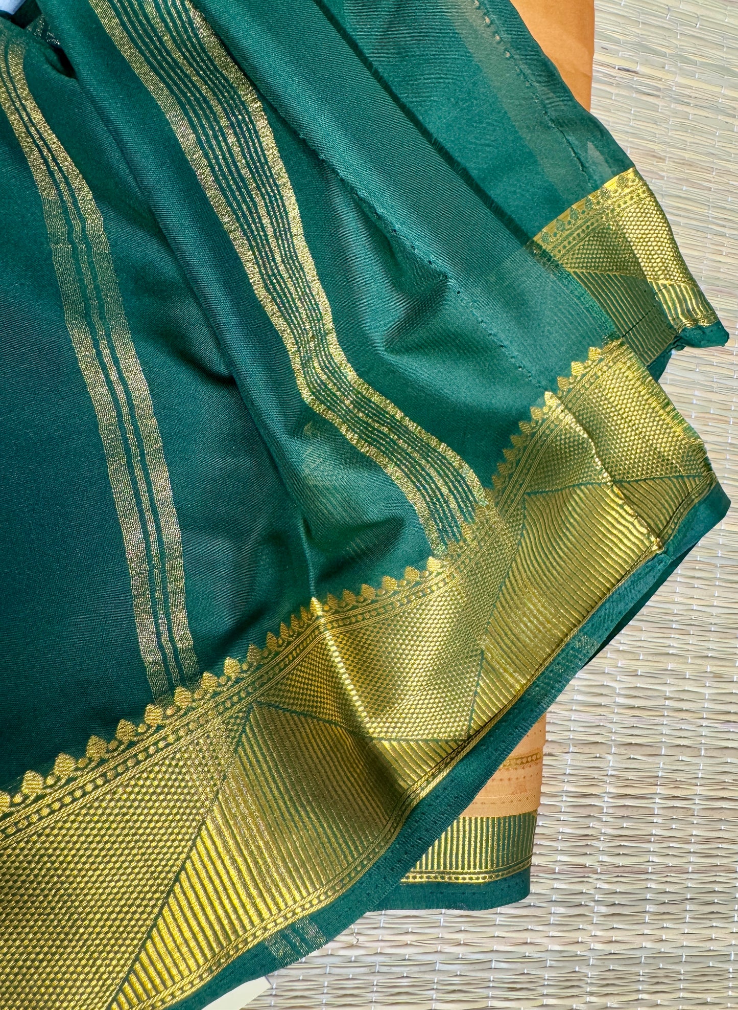 Green & Gold Half-and-Half Mysore Silk Crepe Crepe Saree