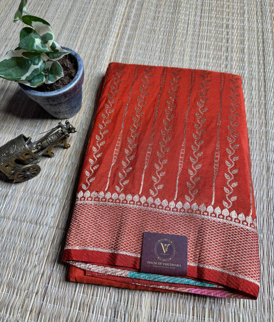 Rust Orange Banarasi Crepe Silk Saree with rich Zari Weaving