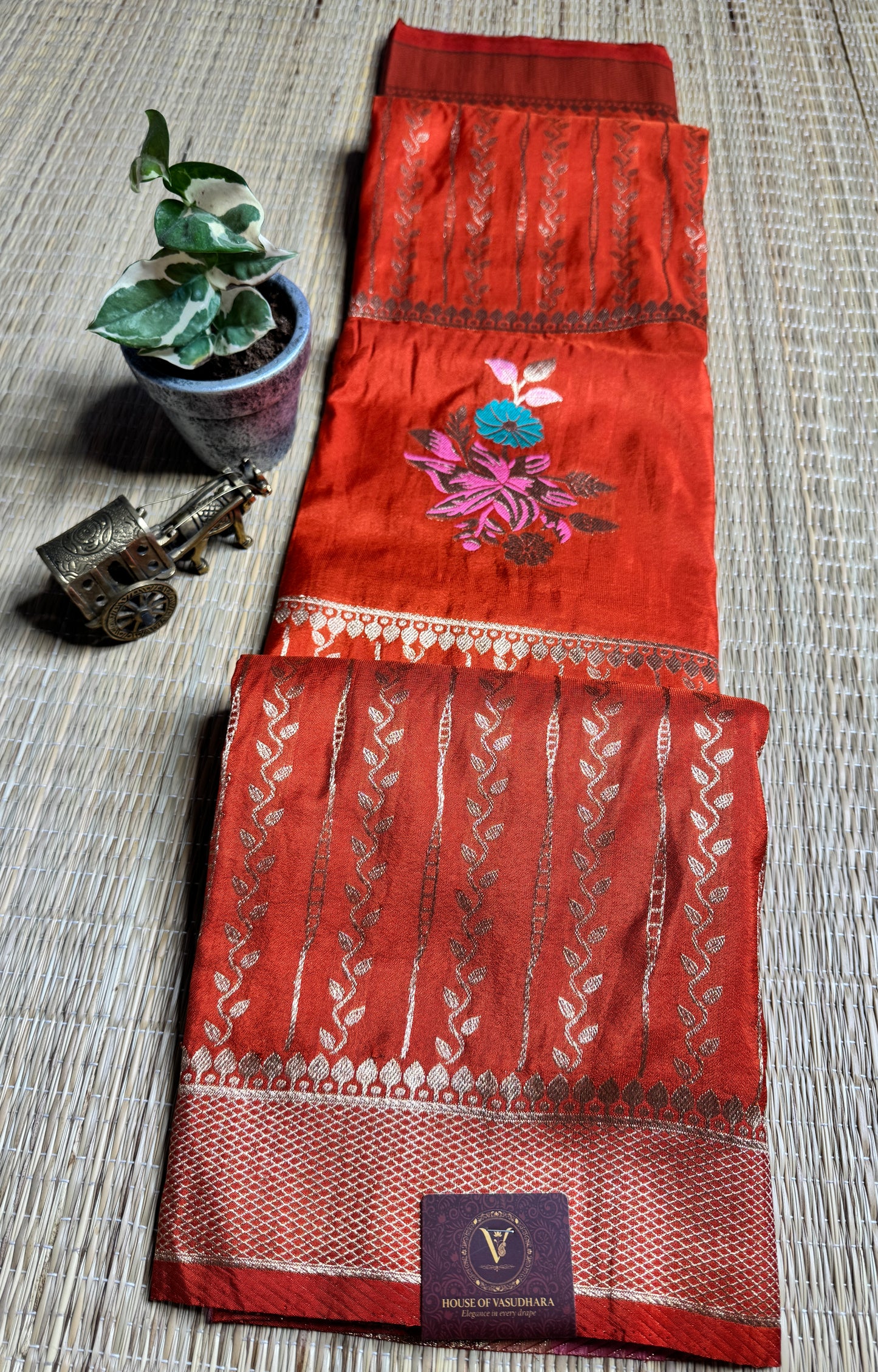 Rust Orange Banarasi Crepe Silk Saree with rich Zari Weaving