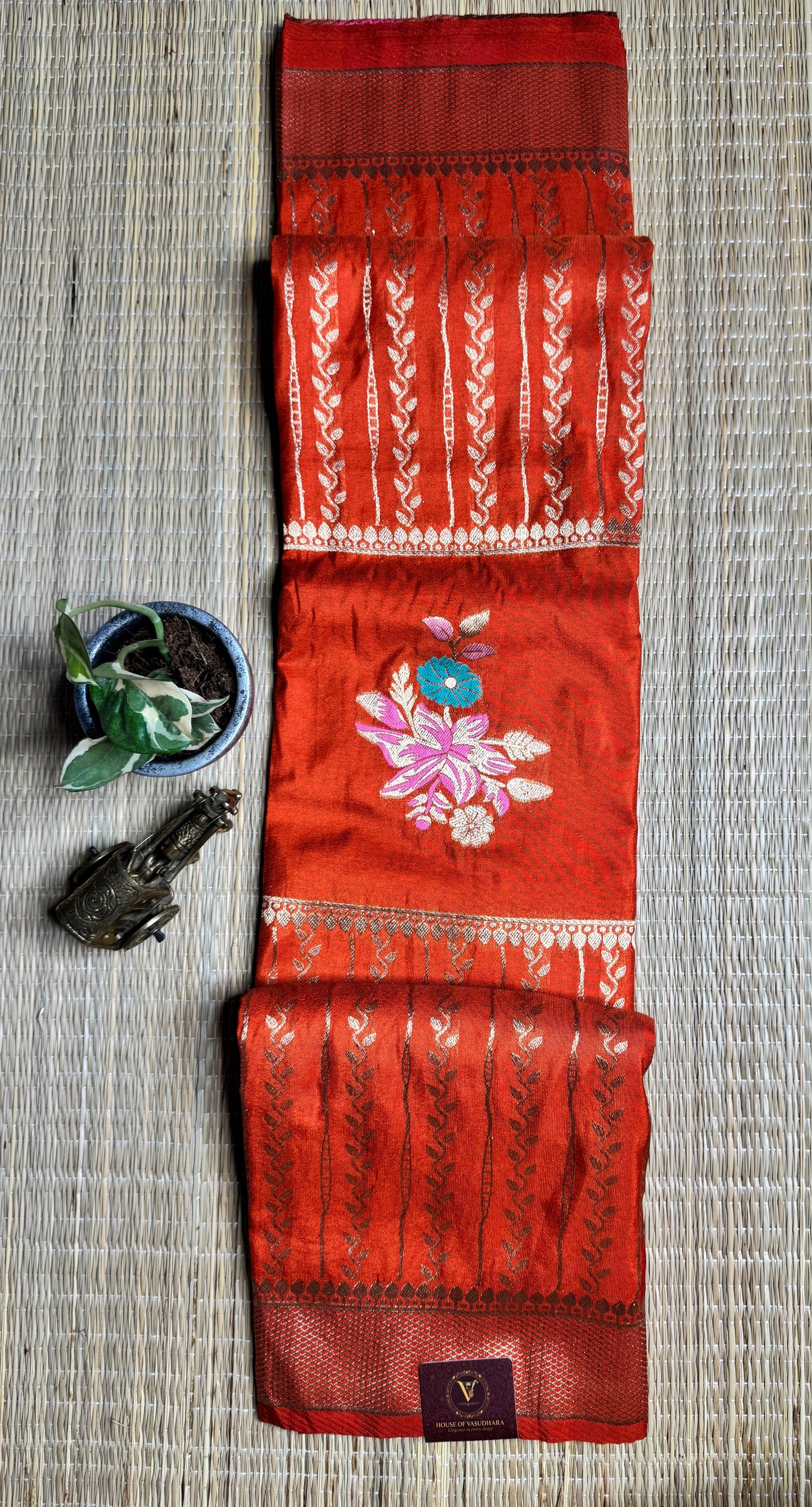 Rust Orange Banarasi Crepe Silk Saree with rich Zari Weaving