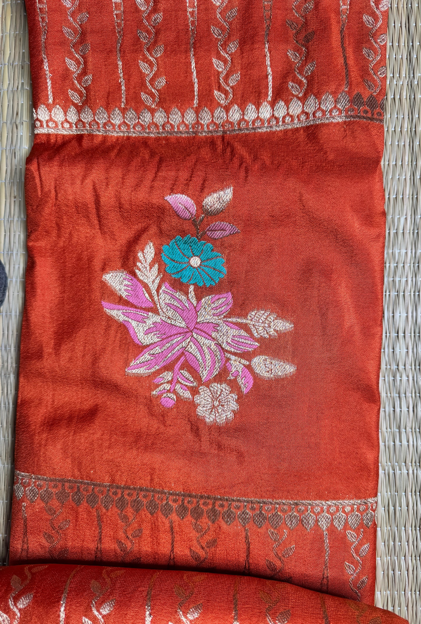 Rust Orange Banarasi Crepe Silk Saree with rich Zari Weaving