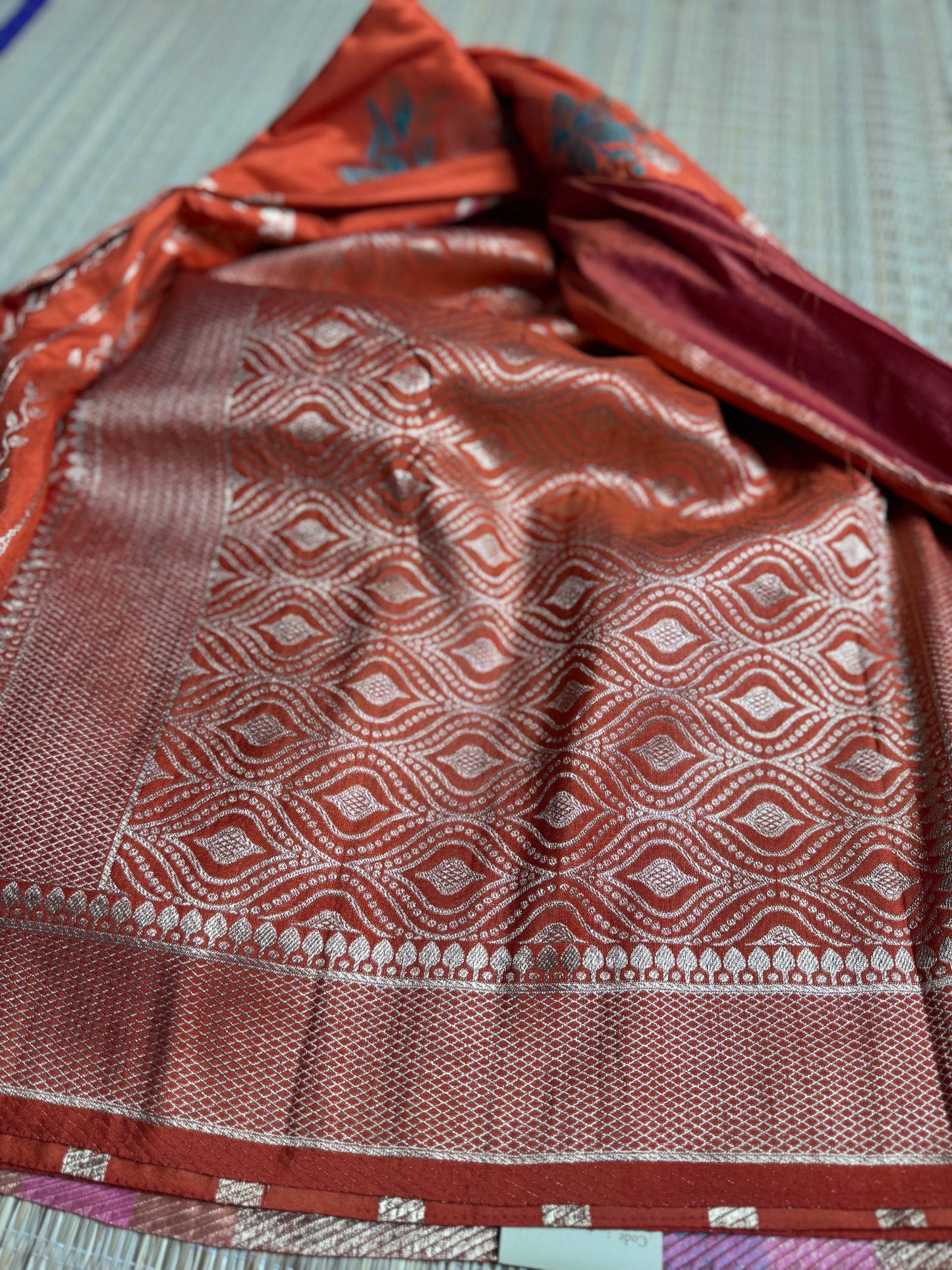 Rust Orange Banarasi Crepe Silk Saree with rich Zari Weaving