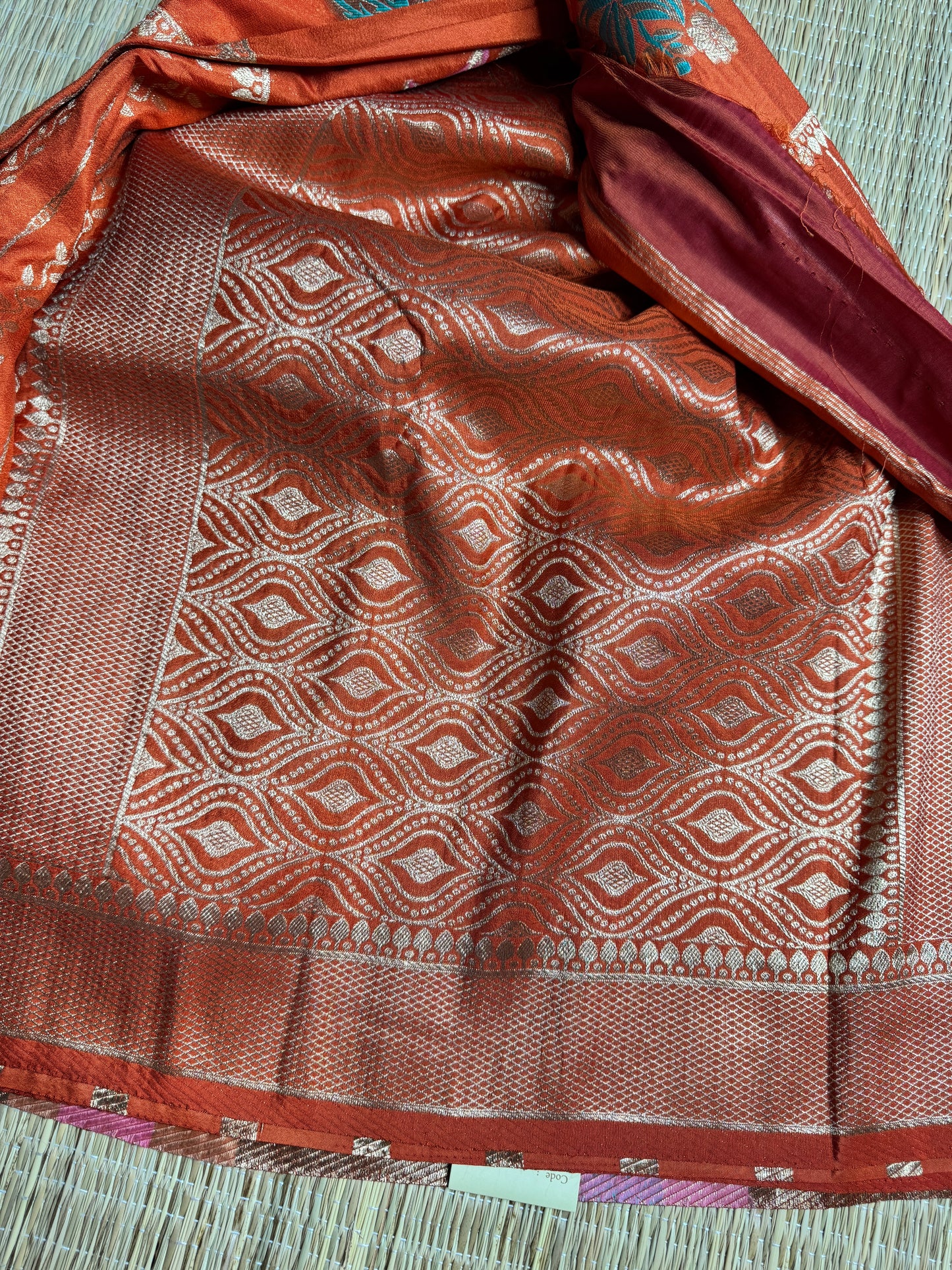 Rust Orange Banarasi Crepe Silk Saree with rich Zari Weaving