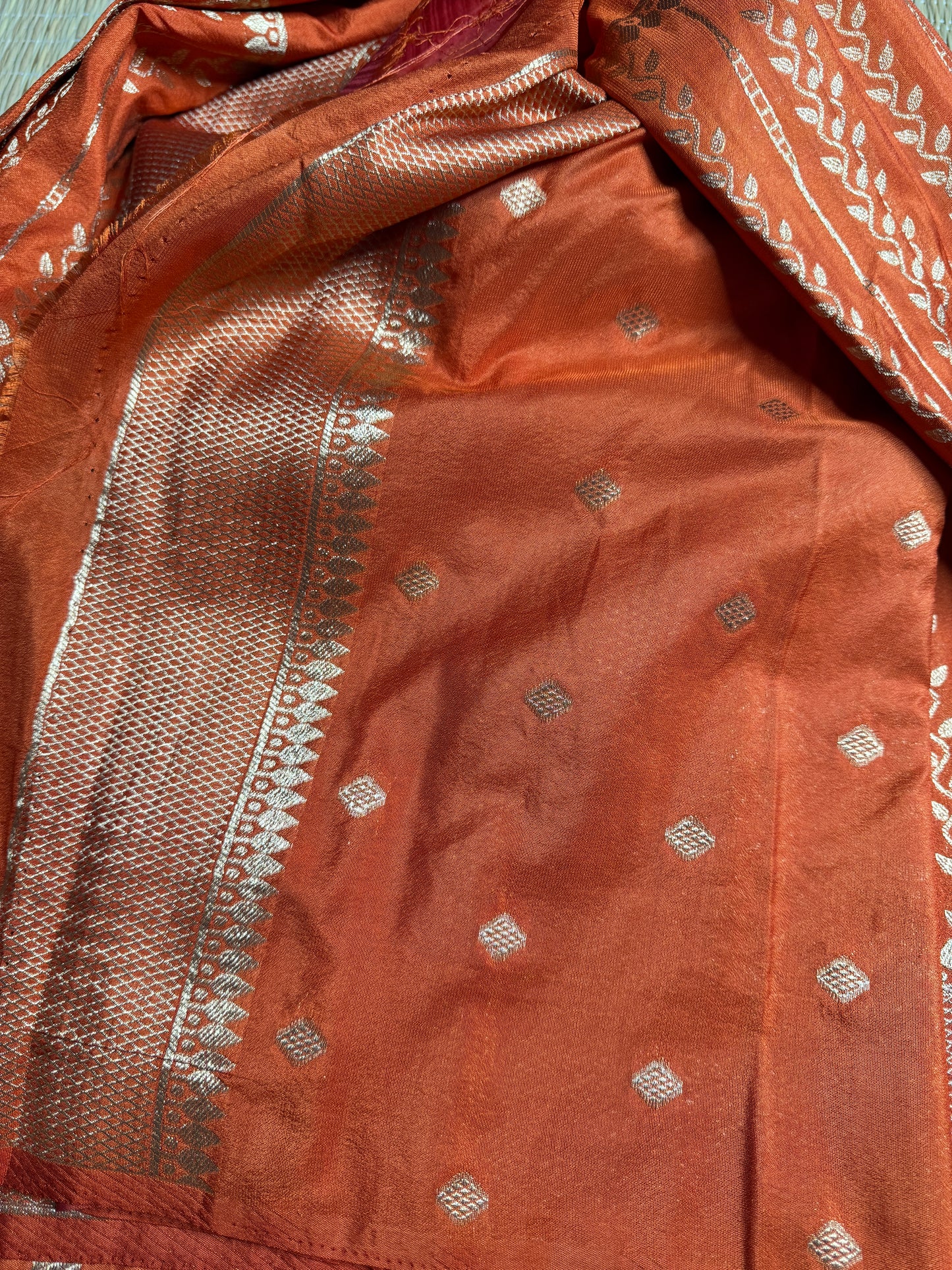 Rust Orange Banarasi Crepe Silk Saree with rich Zari Weaving