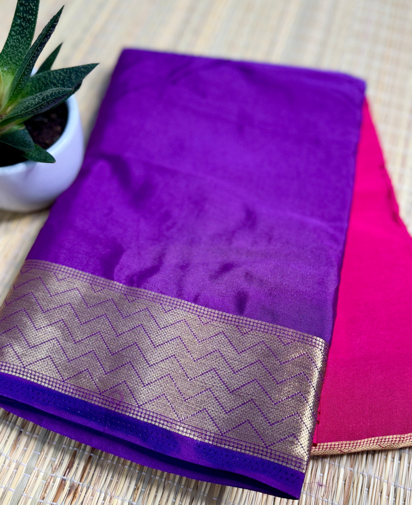 Purple & Pink Half-and-Half Mysore Silk Crepe Crepe Saree