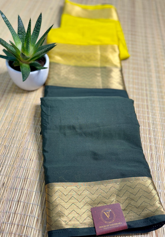 Bottle Green & Gold Half-and-Half Mysore Silk Crepe Crepe Saree