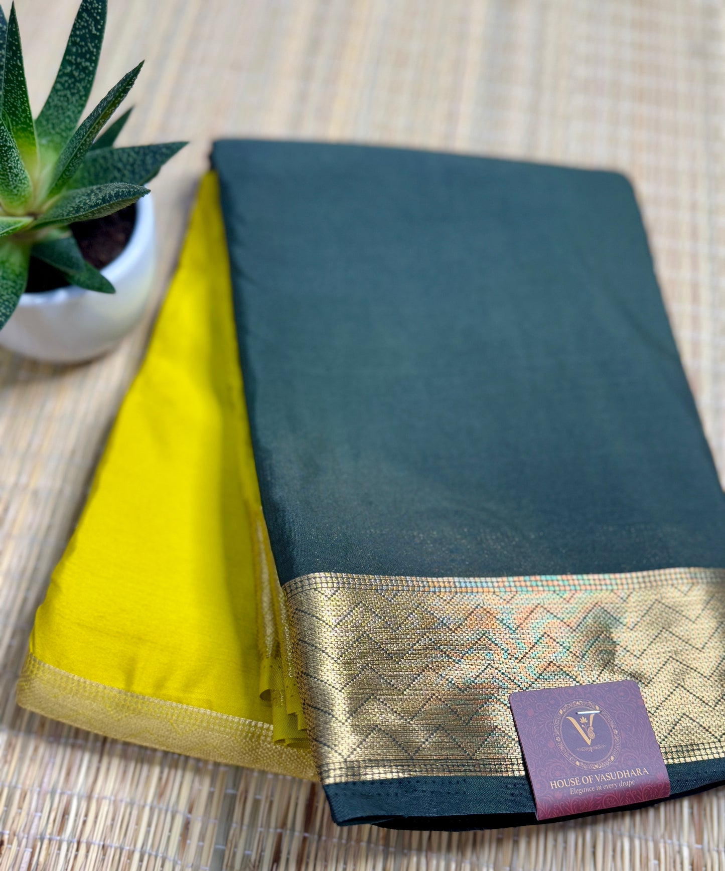 Bottle Green & Gold Half-and-Half Mysore Silk Crepe Crepe Saree