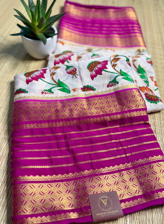 White Mysore silk Crepe Saree in Menakari work with Bentex Border