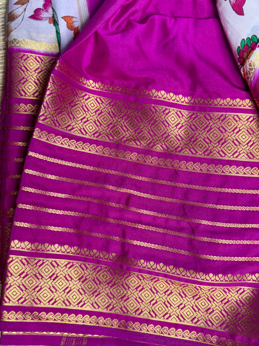 White Mysore silk Crepe Saree in Menakari work with Bentex Border