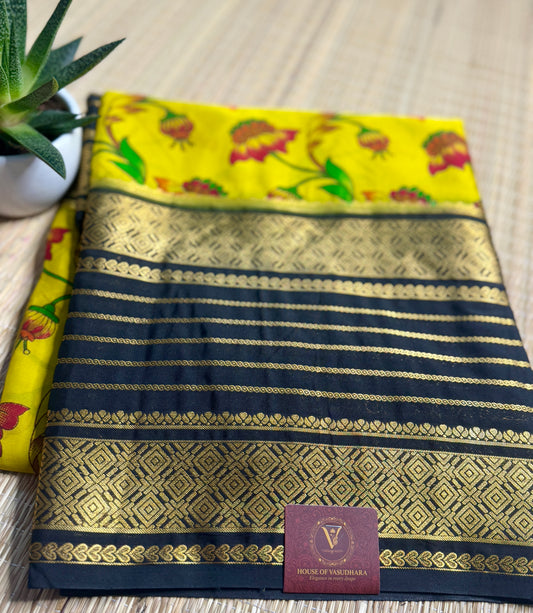 Mustard Yellow Mysore silk Crepe Saree in Meenakari work with Bentex Border