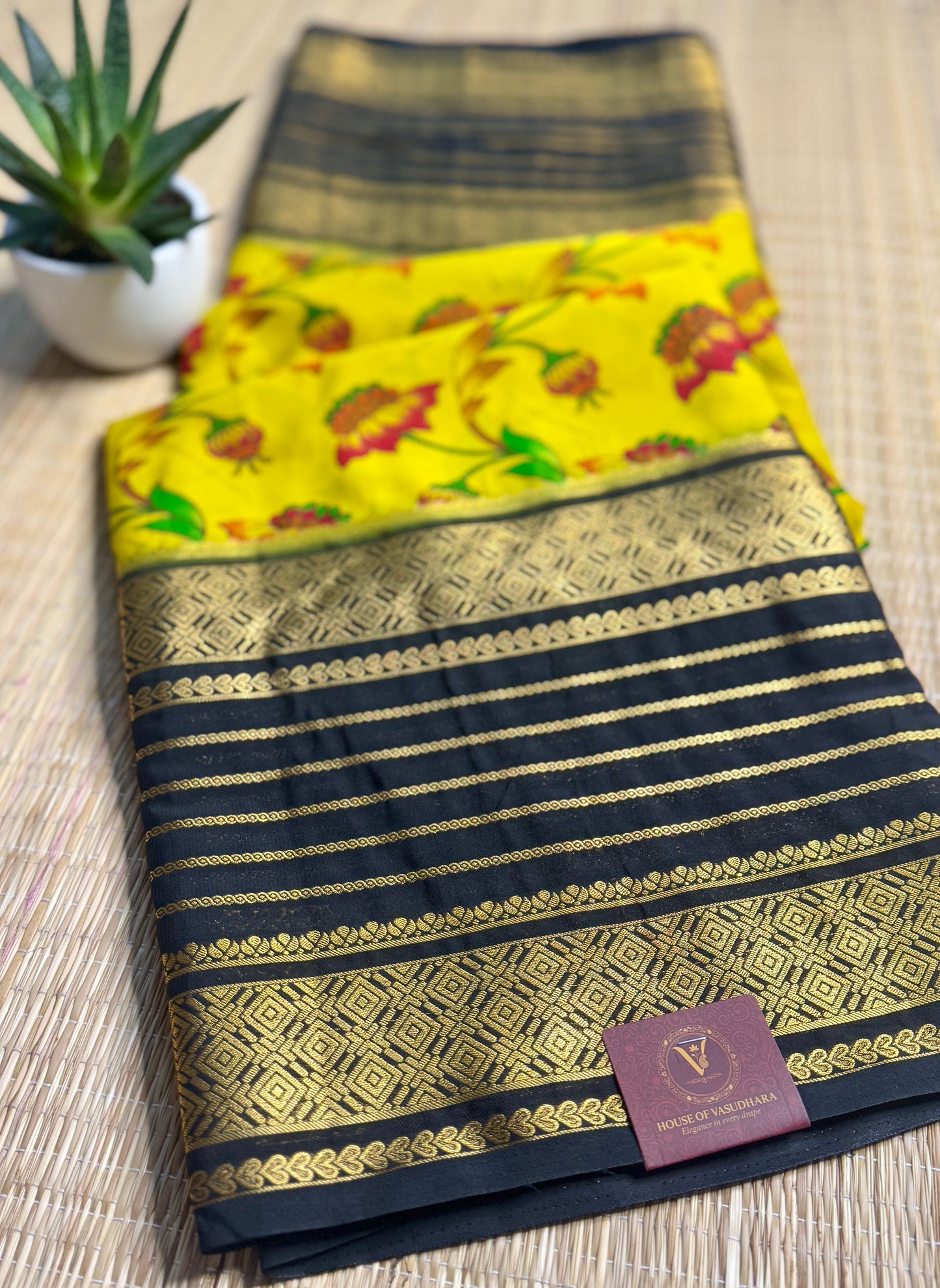 Mustard Yellow Mysore silk Crepe Saree in Meenakari work with Bentex Border