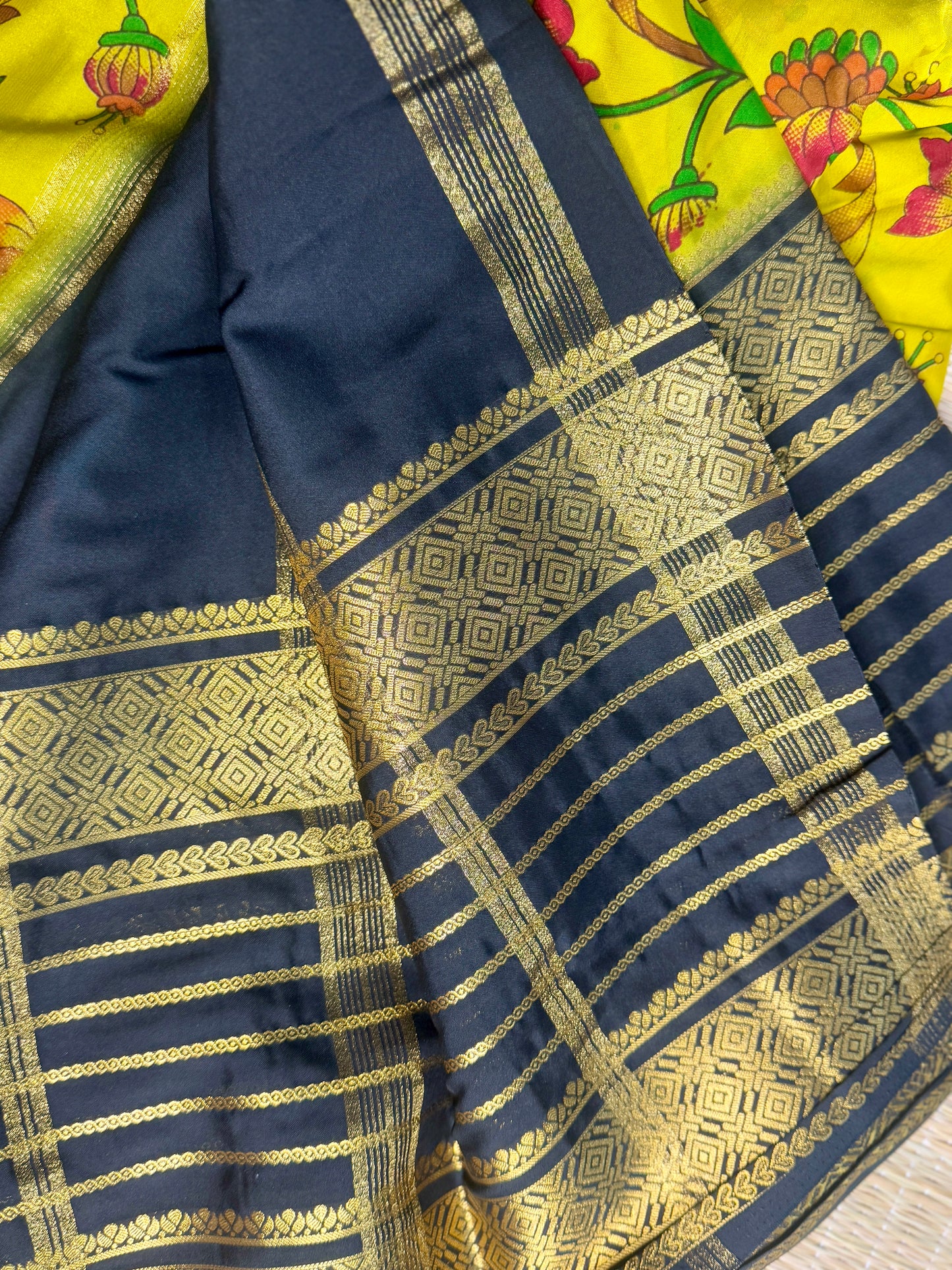 Mustard Yellow Mysore silk Crepe Saree in Meenakari work with Bentex Border