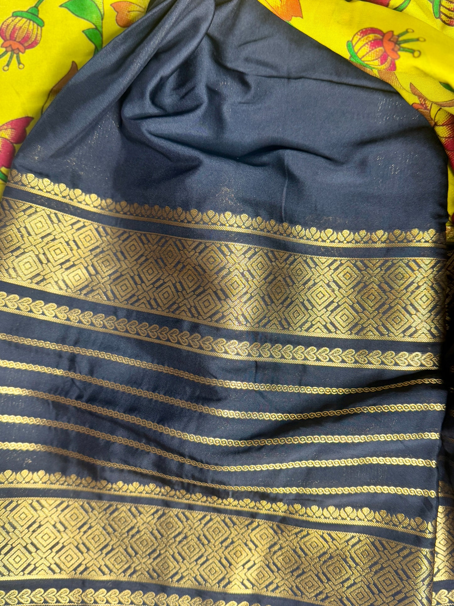Mustard Yellow Mysore silk Crepe Saree in Meenakari work with Bentex Border