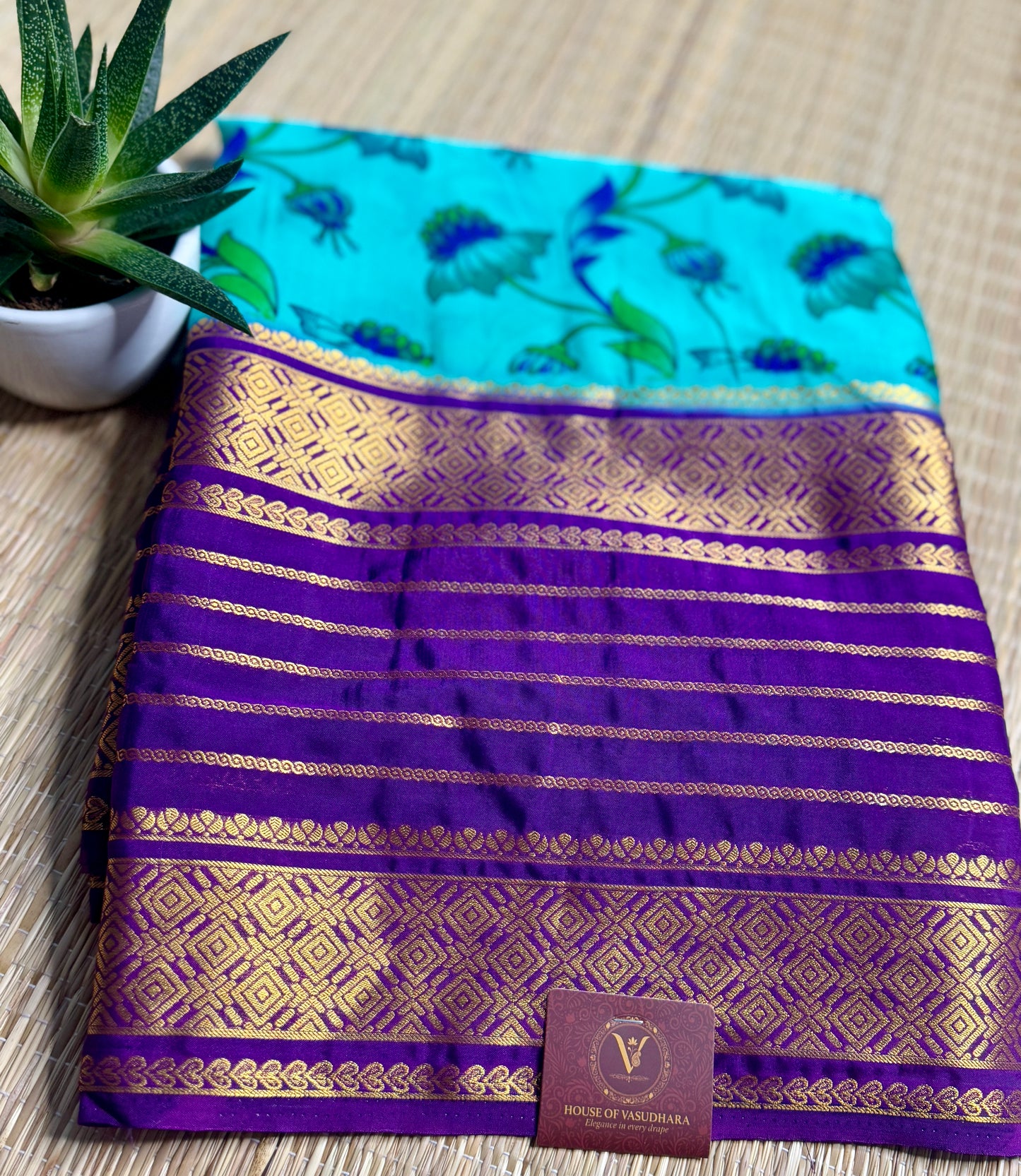 Teal blue Mysore silk Crepe Saree in Meenakari work with Bentex Border