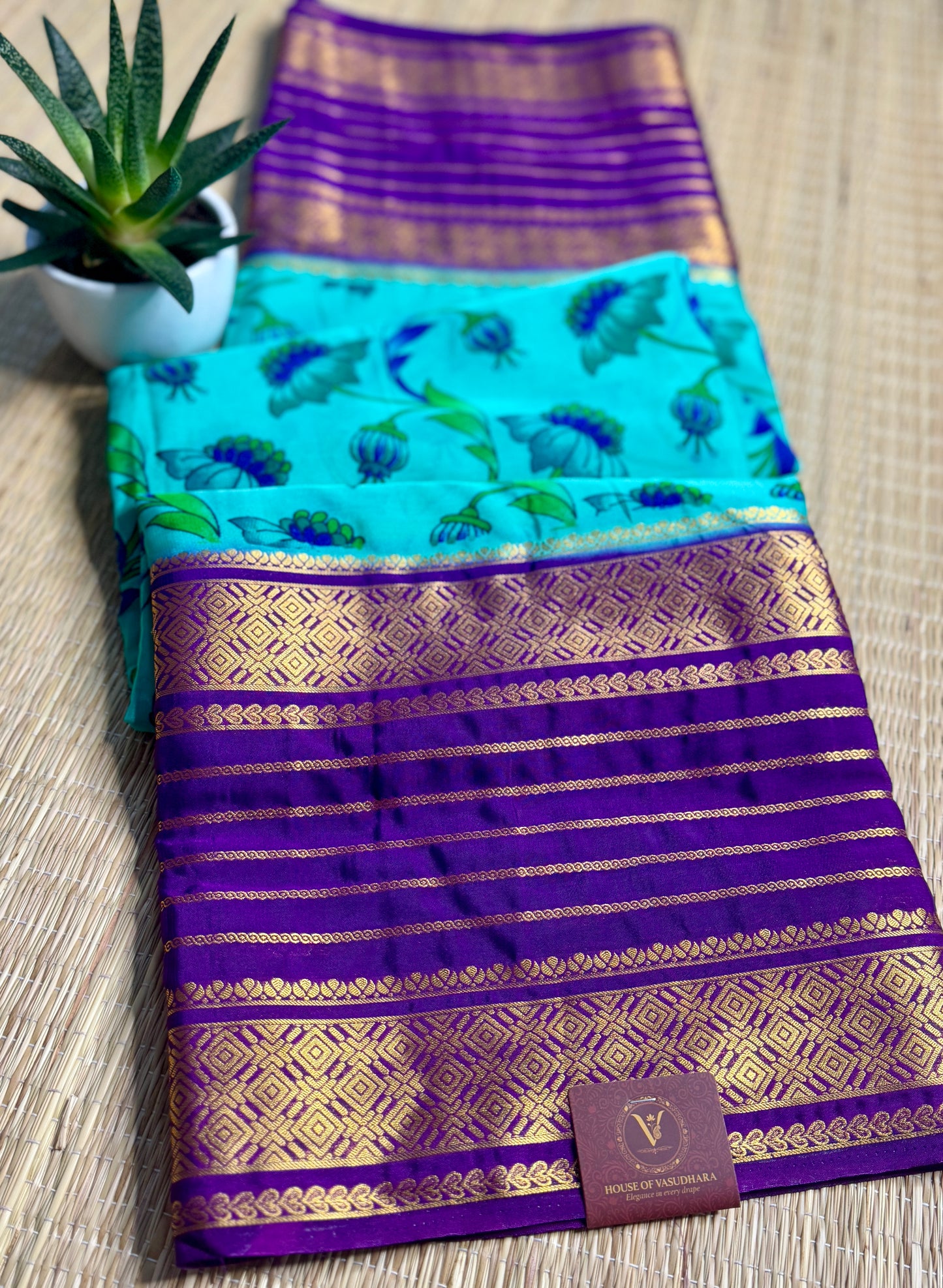 Teal blue Mysore silk Crepe Saree in Meenakari work with Bentex Border