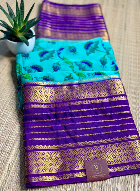 Teal blue Mysore silk Crepe Saree in Meenakari work with Bentex Border