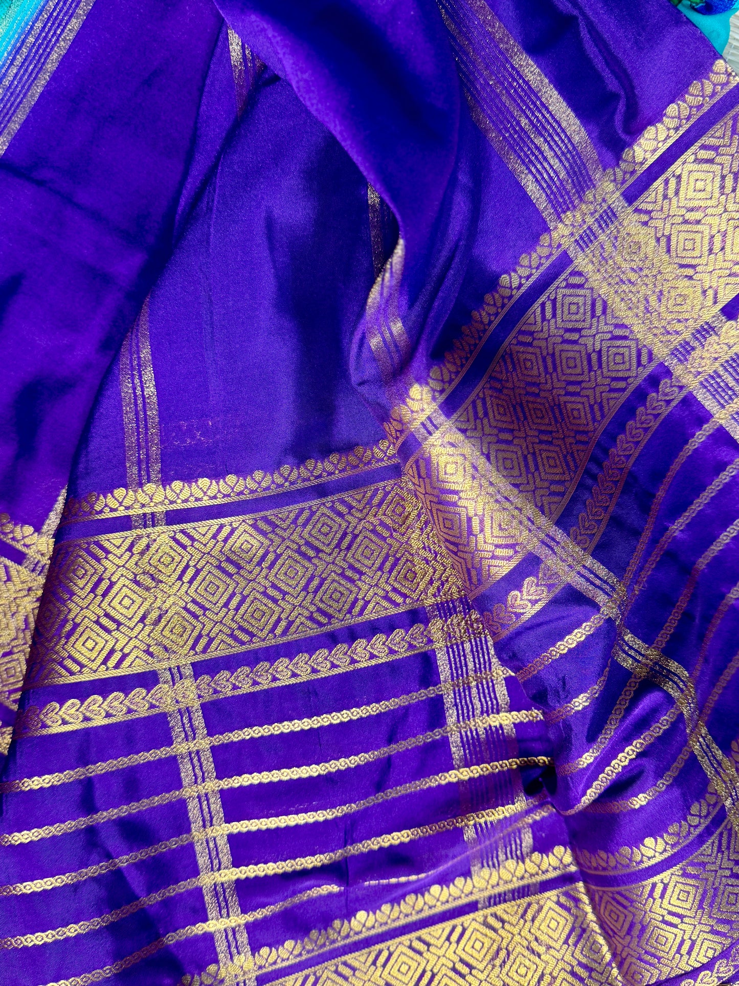 Teal blue Mysore silk Crepe Saree in Meenakari work with Bentex Border