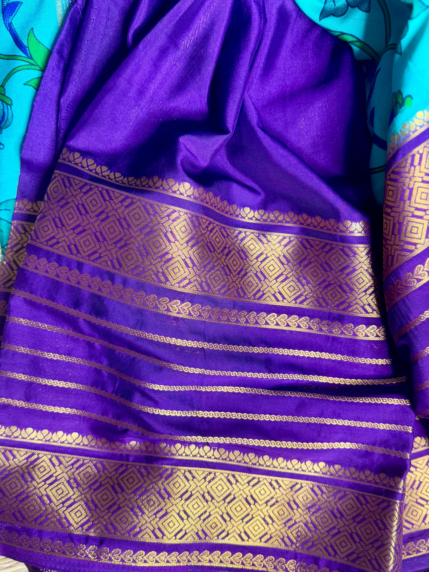 Teal blue Mysore silk Crepe Saree in Meenakari work with Bentex Border