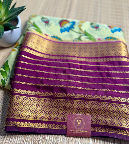 Light Sea green Mysore silk Crepe Saree in Meenakari work with Bentex Border