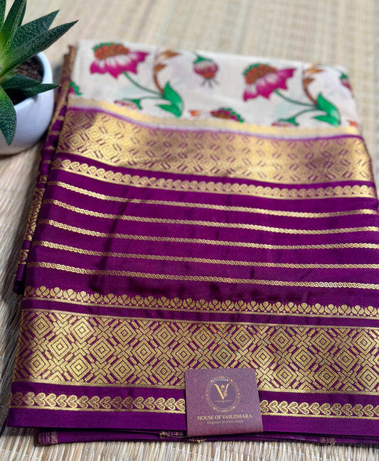 Light Beige Mysore silk Crepe Saree in Meenakari work with Bentex Border