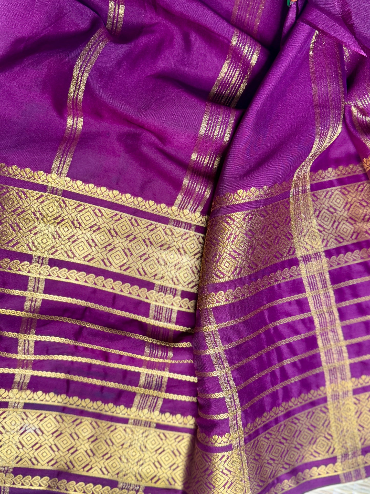 Light Beige Mysore silk Crepe Saree in Meenakari work with Bentex Border