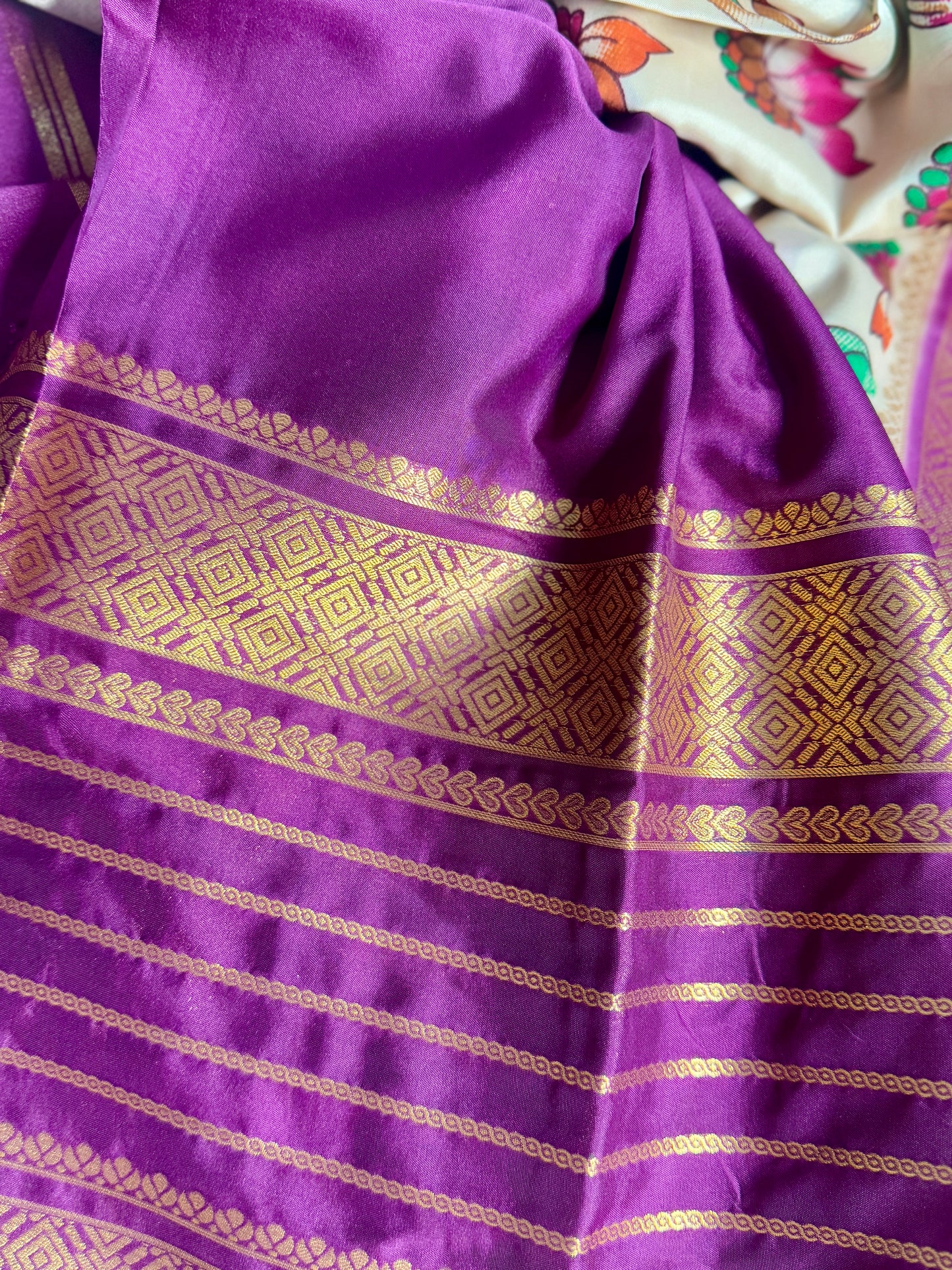 Light Beige Mysore silk Crepe Saree in Meenakari work with Bentex Border