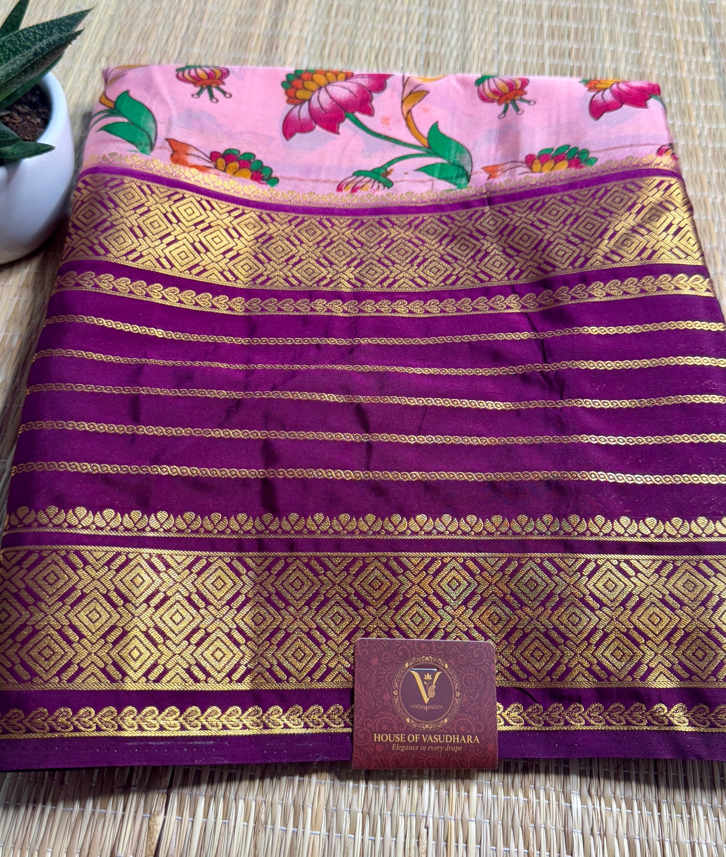 Pink Mysore silk Crepe Saree in Meenakari work with Bentex Border