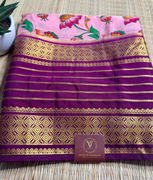 Pink Mysore silk Crepe Saree in Meenakari work with Bentex Border