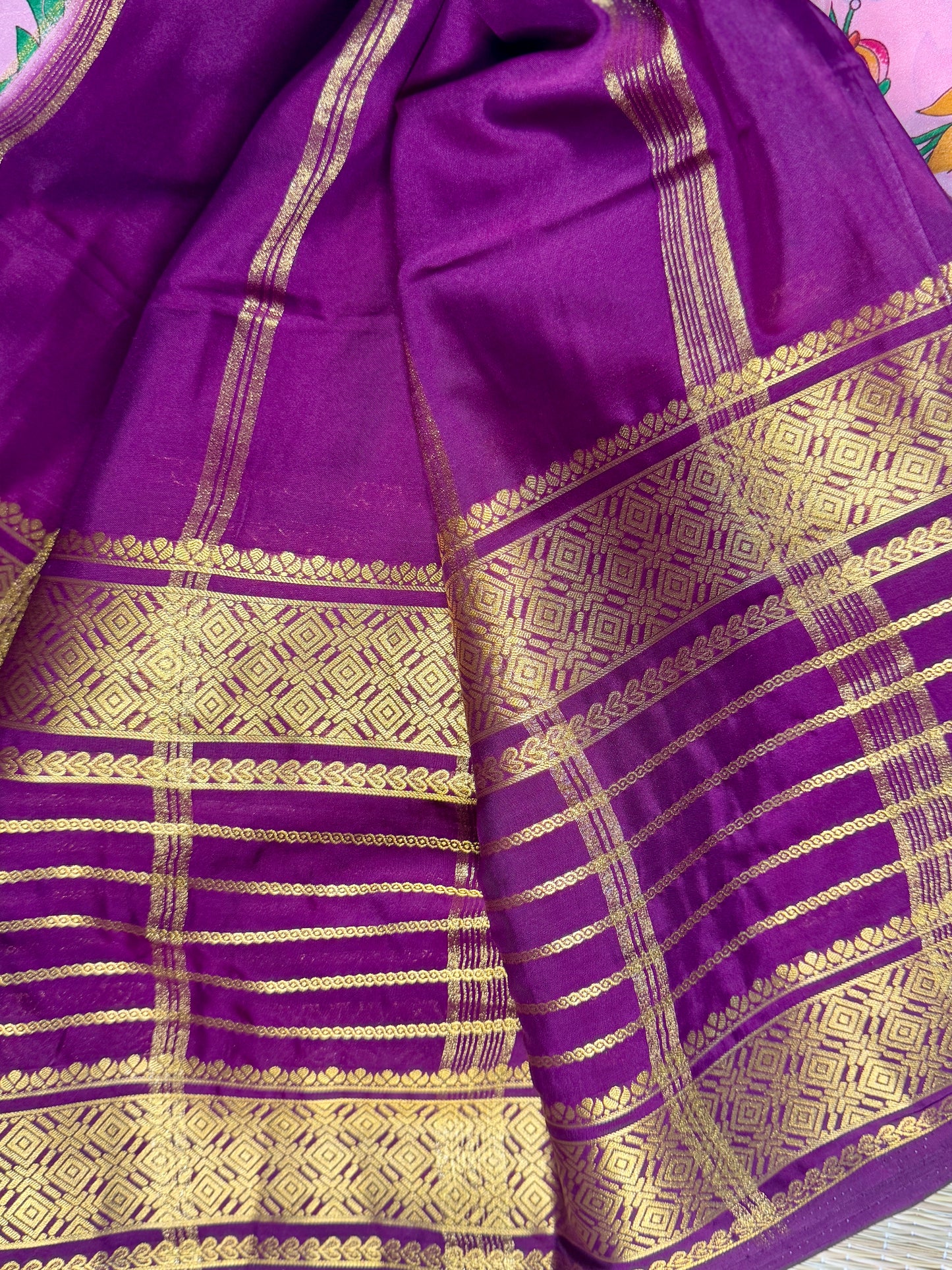 Pink Mysore silk Crepe Saree in Meenakari work with Bentex Border