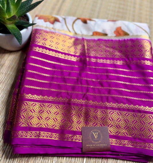 Off White Mysore silk Crepe Saree in Meenakari work with Bentex Border