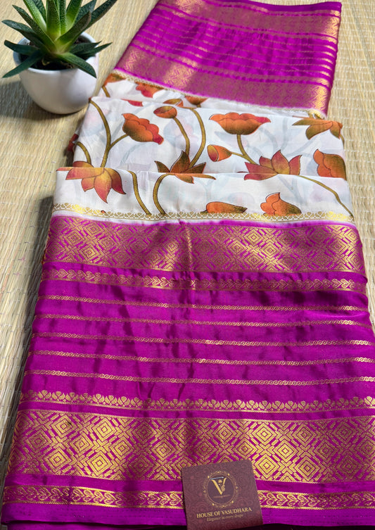 Off White Mysore silk Crepe Saree in Meenakari work with Bentex Border