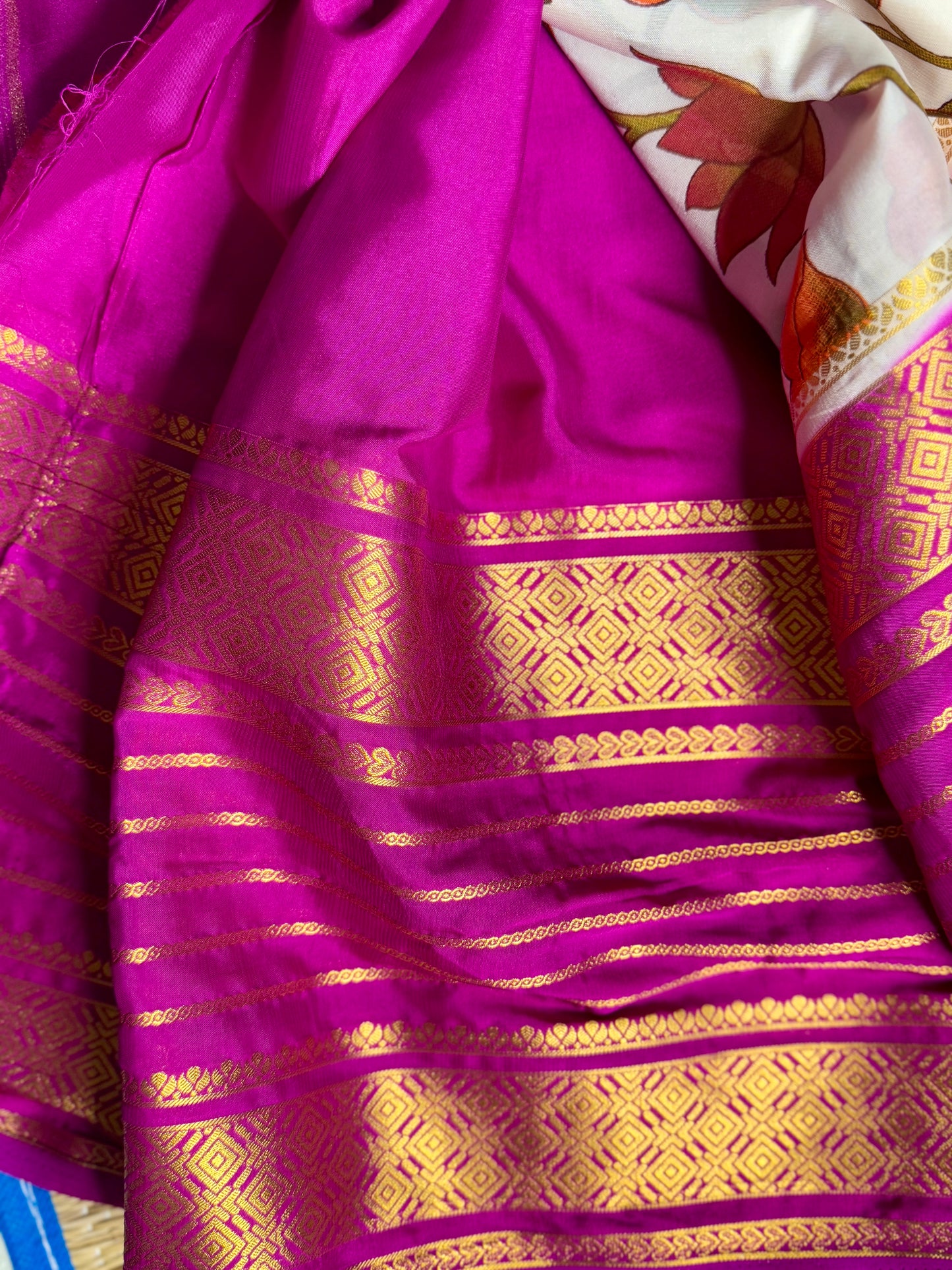 Off White Mysore silk Crepe Saree in Meenakari work with Bentex Border