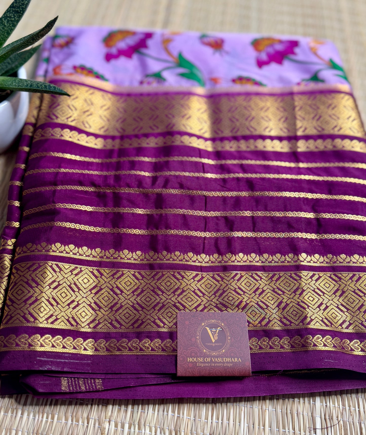 Lavender Mysore silk Crepe Saree in Meenakari work with Bentex Border