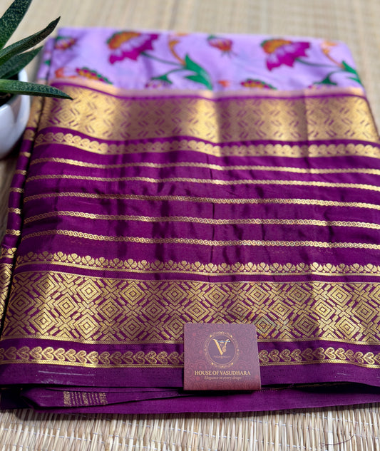 Lavender Mysore silk Crepe Saree in Meenakari work with Bentex Border