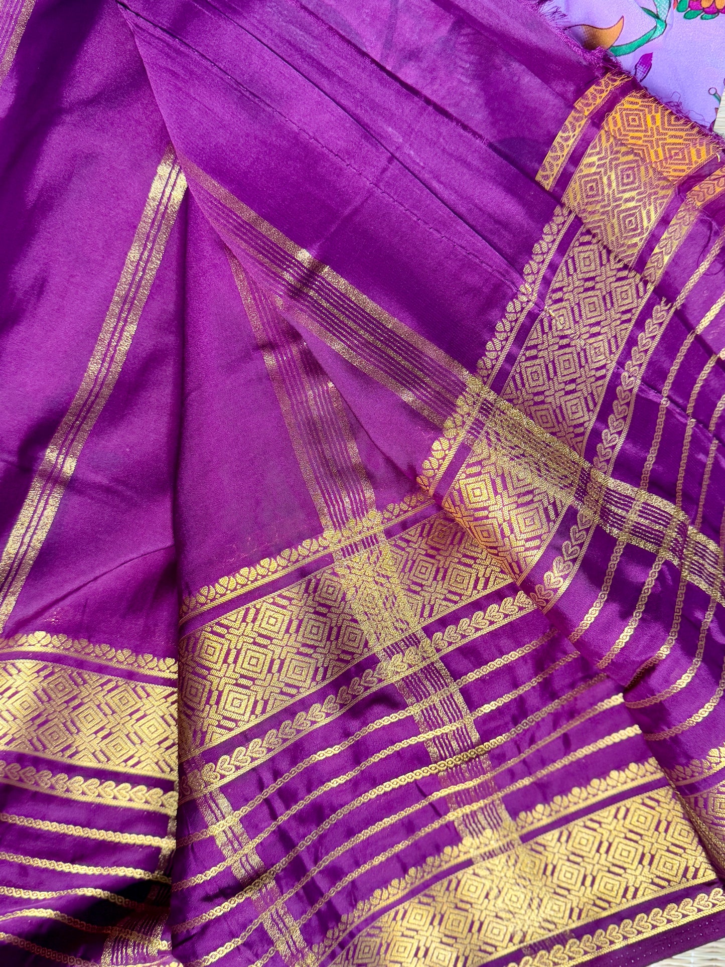 Lavender Mysore silk Crepe Saree in Meenakari work with Bentex Border