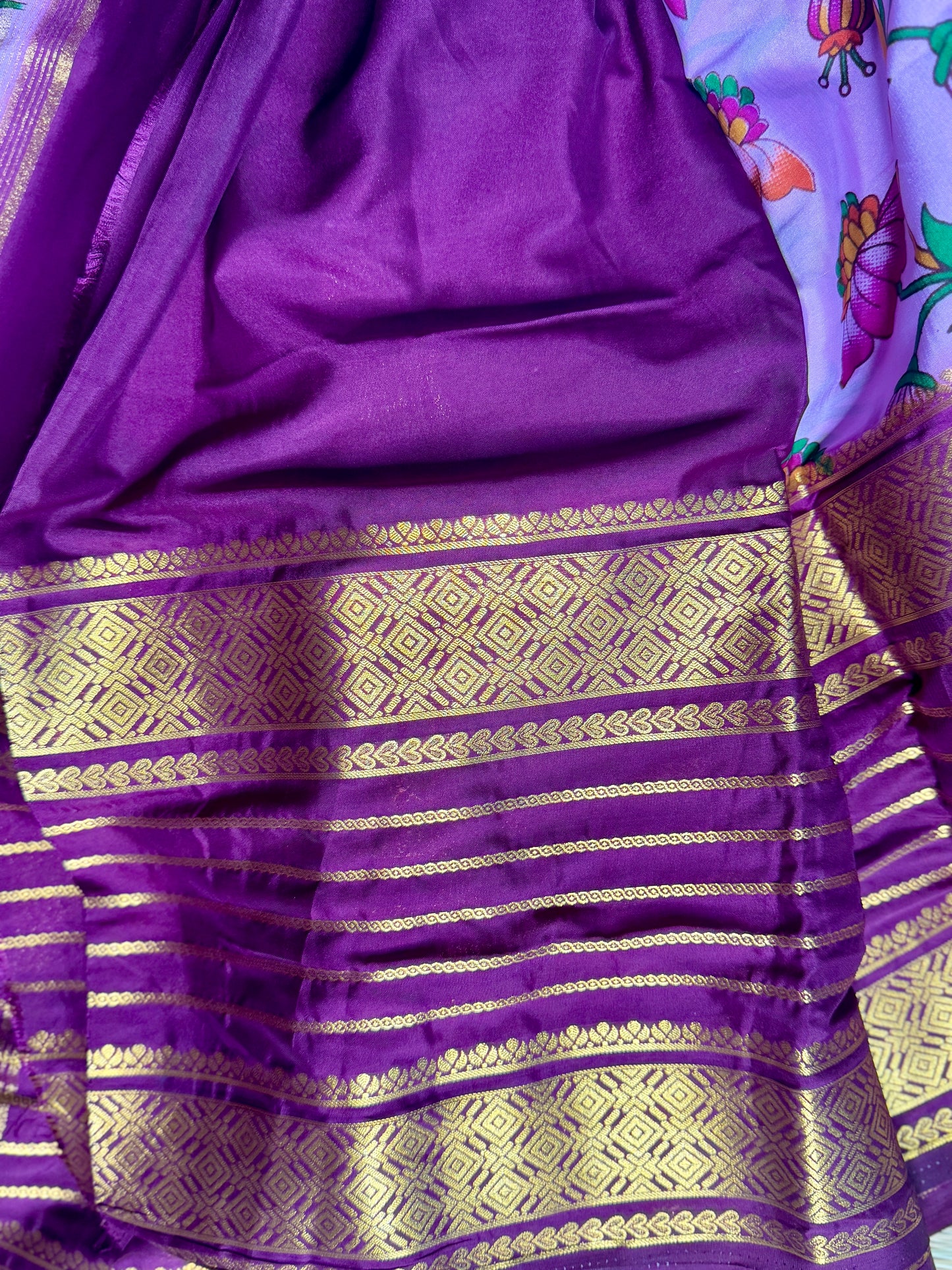 Lavender Mysore silk Crepe Saree in Meenakari work with Bentex Border
