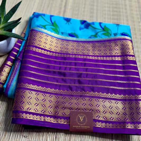 Blue Mysore silk Crepe Saree in Meenakari work with Bentex Border