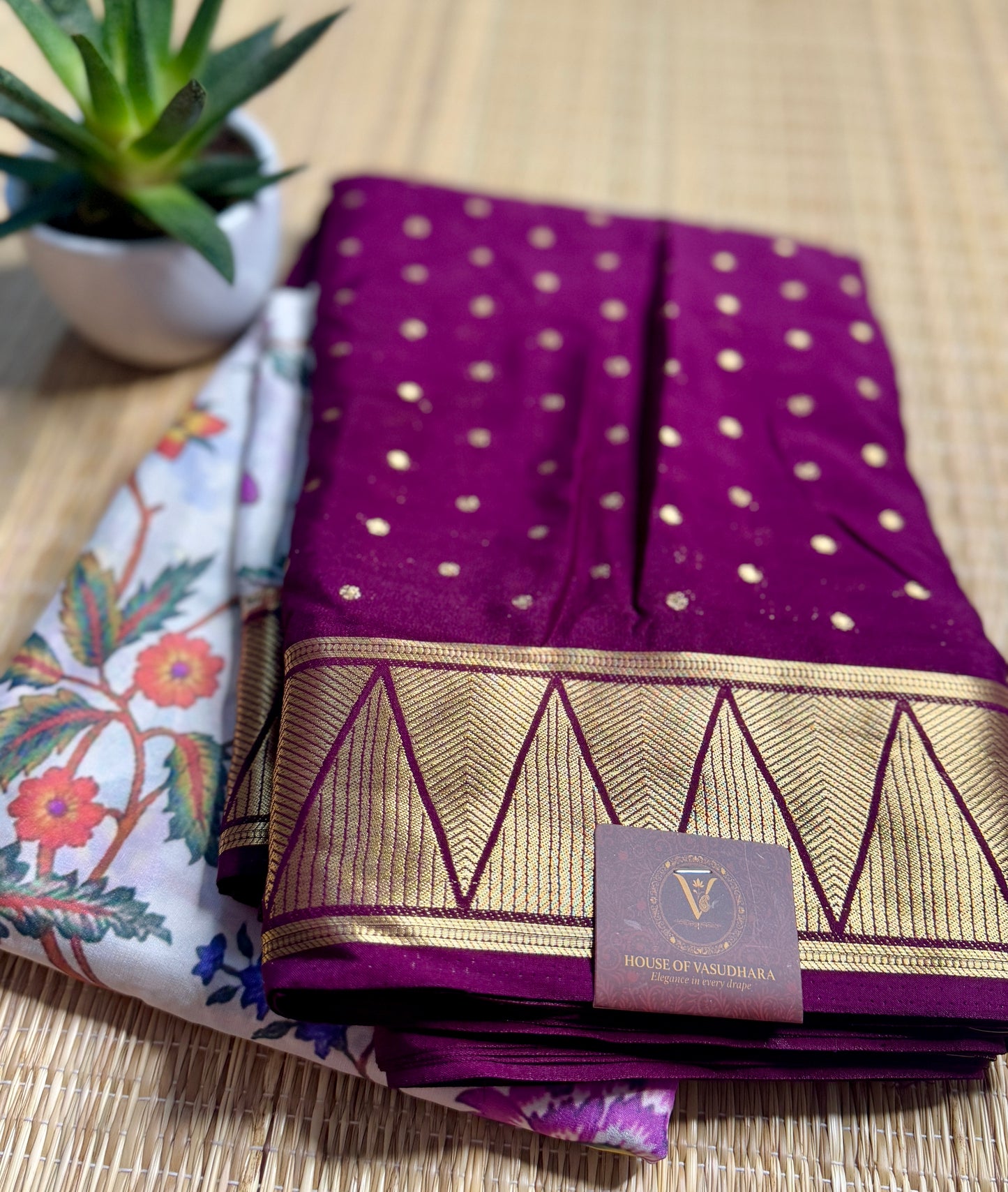White & Magenta Half & Half Kalamkari Mysore silk crepe