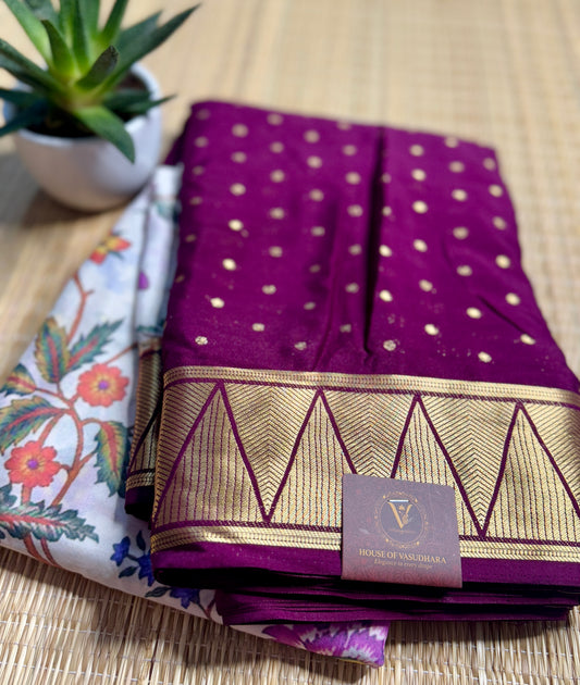 White & Magenta Half & Half Kalamkari Mysore silk crepe
