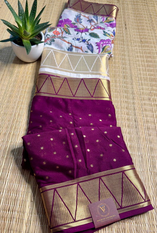 White & Magenta Half & Half Kalamkari Mysore silk crepe