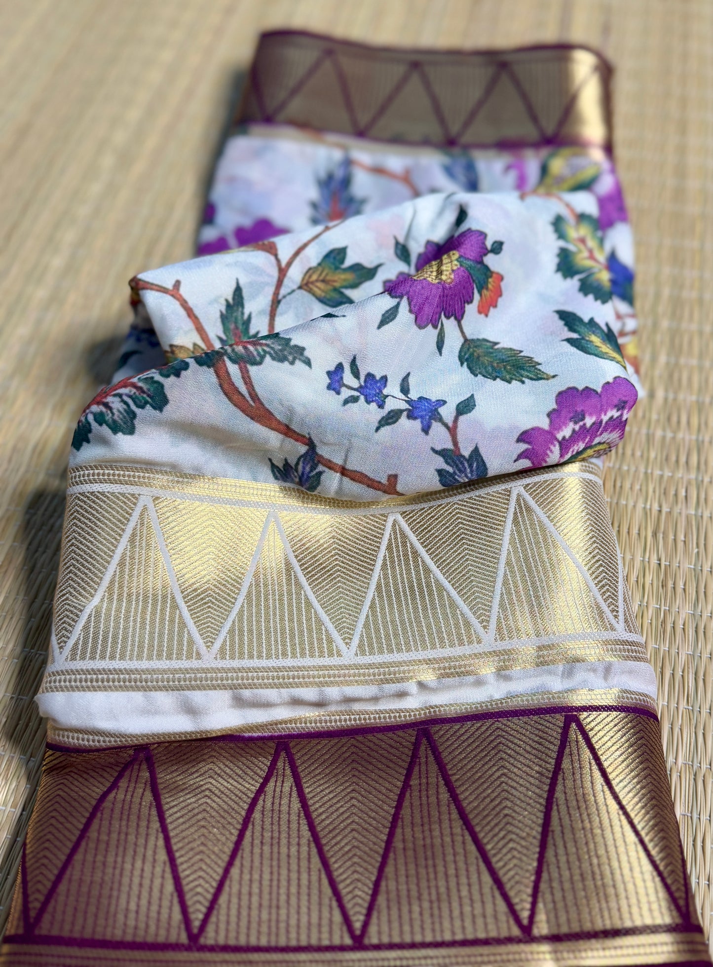 White & Magenta Half & Half Kalamkari Mysore silk crepe