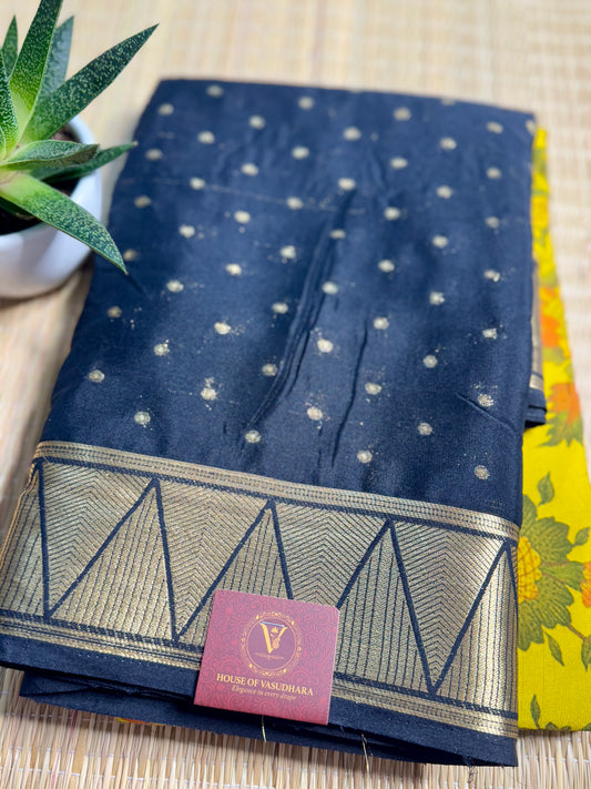 Yellow & Black Half & Half Kalamkari Mysore silk crepe
