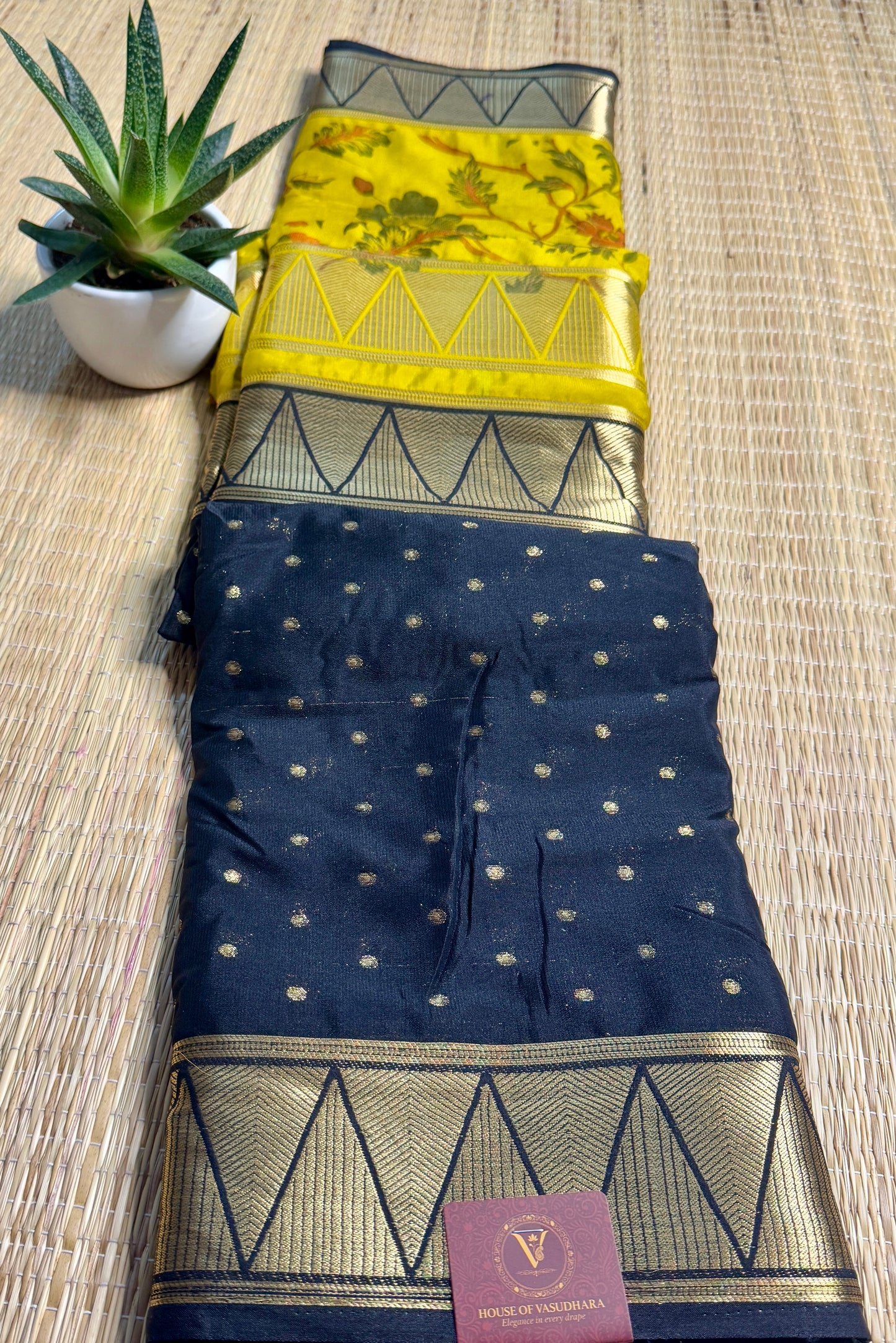 Yellow & Black Half & Half Kalamkari Mysore silk crepe